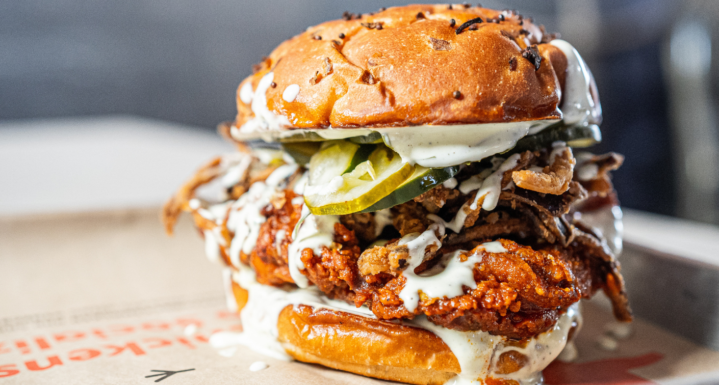 Spicy fried chicken sandwich with ranch.